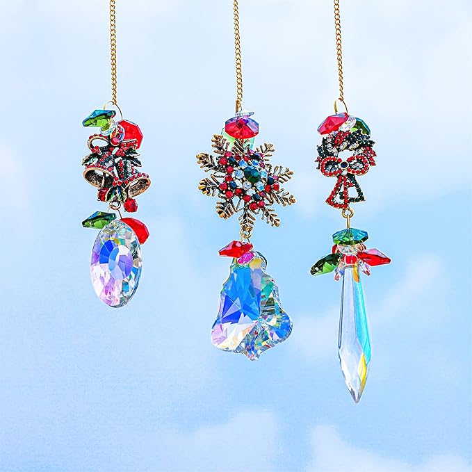 3 Pack Crystal Christmas Ornaments, Glass Rainbow Rhinestones Sun Catcher Prisms with Christmas Wreath Snowflake Bells,Suncatcher Hanging Crystal Pendants for Window Christmas Home Decor