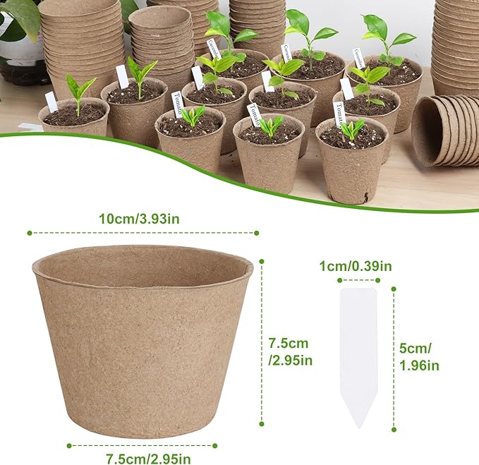 132 Pack Organic Peat Pots, 4 Inch Nursery Pot, Round Plant Seedling Pots with Drainage Holes, Small Seed Starting Starter Tray Bulk, Garden Germination Container with 132 Planting Labels (10 cm)