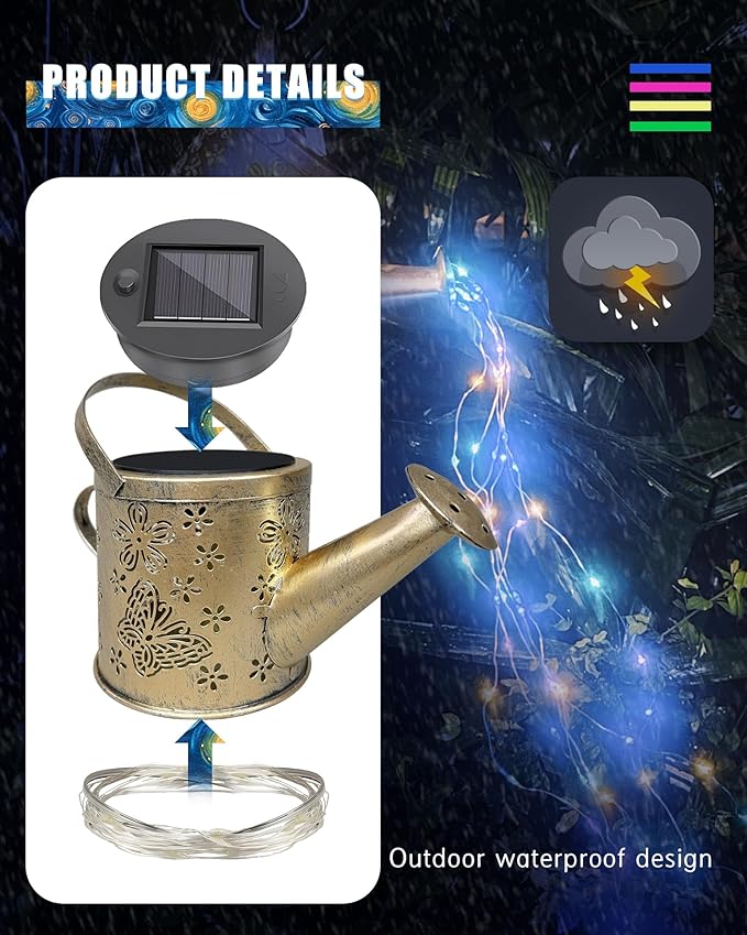 Solar Watering Can with Colorful Lighting, Waterproof Garden Decor, Birthday Gifts for Mom Grandma (Cat, 32 inch Shepherd Hook)