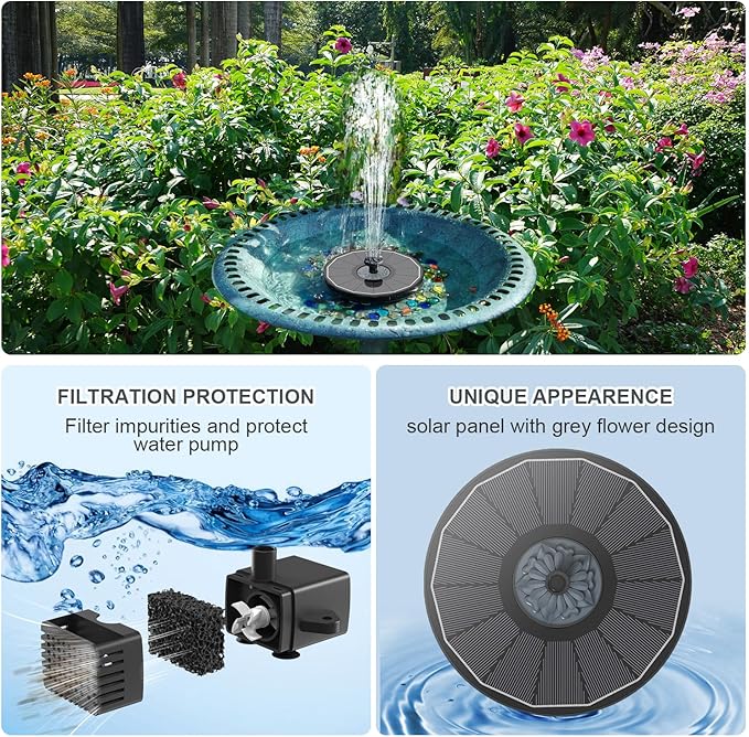 Solar Fountain Upgraded High Efficiency Glass Solar Panel, Solar Bird Bath Fountains with Flower No Battery,Solar Water Pump Fountain for Bird Bath Garden Small Ponds Outdoor Décor(Black)