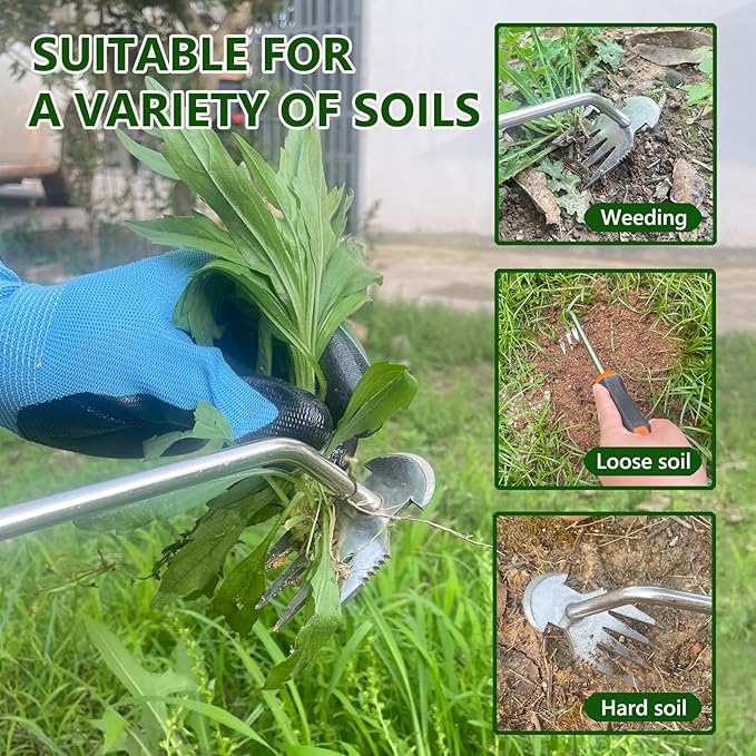 Weed Puller Tool, Weeding Artifact Uprooting Weeding Tool with Rubber Handle, Weeding Tools Gardening of 4 Teeth Manganese Stainless Steel, Weed Remover Tool with Gloves for Yard and Farm (Sliver)