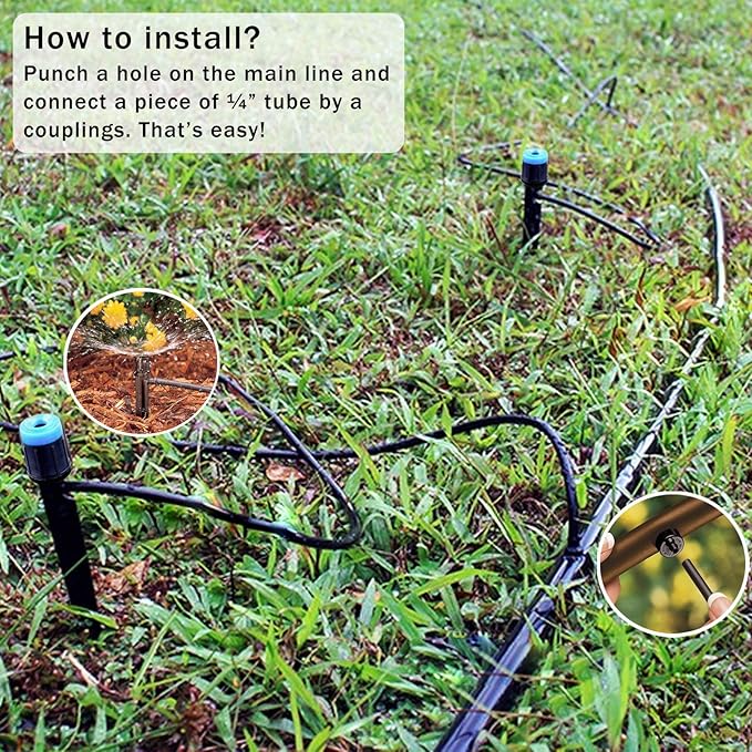 100PCS Drip Emitters Fan Shape with Stake Water Flow Adjustable for 1/4 inch Irrigation Tube Hose, 360 Degree Sprayer Perfect for Irrigation System Watering Kits for Garden Patio Lawn Flower Bed