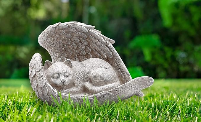 Sleeping Cat Within Angel Wings 8.5 x 5.5 Resin Stone Pet Memorial Figurine, Concrete Grey