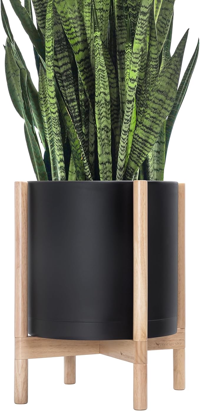 D'vine Dev Planter Pot with Stand - 14 Inch Plastic Cylinder Flower Pot with Wood Planter Holder for Indoor, Matte Black Pot + Natural Stand, 55-C-S-2