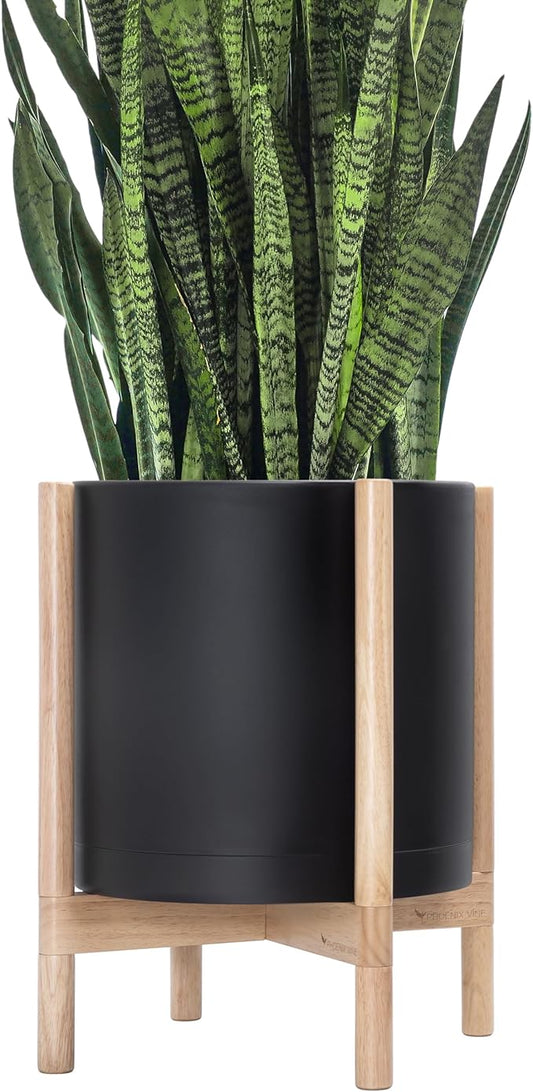 D'vine Dev Planter Pot with Stand - 14 Inch Plastic Cylinder Flower Pot with Wood Planter Holder for Indoor, Matte Black Pot + Natural Stand, 55-C-S-2