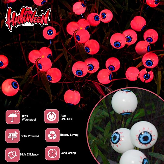 Halloween Decorations Outdoor, 2 Pack Solar Swaying Eyeball Lights, Swaying by Wind, Solar Pathway Lights, Halloween Decor with 2 Lighting Modes, Halloween Stake Lights for Garden Yard(Red)