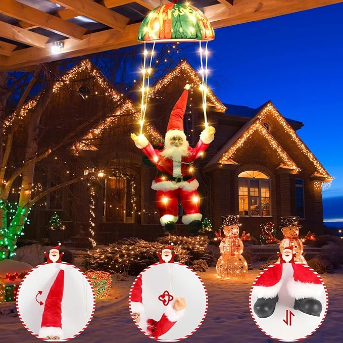 Christmas Decorations Lights Outdoor, 88 LED Christmas Parachute Lights with Santa Claus, 8 Modes Hanging Warm White Xmas Light, Holiday Decorative Lighting for Roof Eave Porch Balcony Indoor Decor