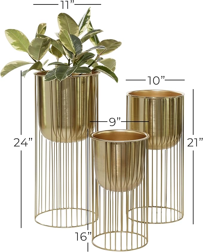 Deco 79 Metal Indoor Outdoor Planter Deep Recessed Dome Large Planter Pot with Elevated Caged Stand, Set of 3 Planters 24", 20", 16"H, Gold