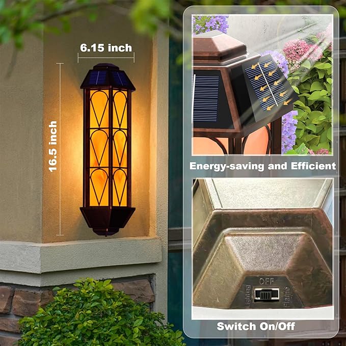 KINGLEAD 4 Pack Flickering Flame Solar Wall Lights - Outdoor Waterproof, Sensor with 2 Lighting Modes, Vintage for House Garden Porch Backyard Patio