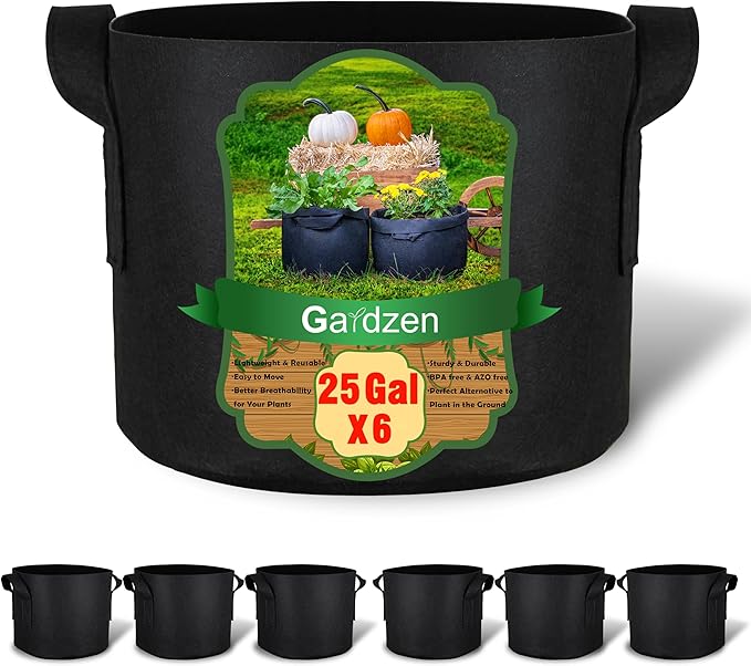 Gardzen 6-Pack 25 Gallon Grow Bags, Aeration Fabric Pots with Handles, Heavy Duty Cloth Pots for Plants