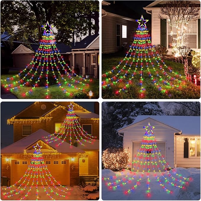 BlcTec Outdoor Christmas Decorations, 317 LEDs Christmas Lights with 9 Strands 11.9ft Waterfall Christmas Tree Lights, 8 Modes, Waterproof, Topper Star & Timer for Yard Patio Xmas Décor, Multicolor