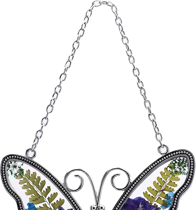 Laraine Butterfly Suncatcher with Pressed Flower Wings Mom Mother's Day Butterfly Glass Wind Chime Ornament Charm with Metal Heart Gifts for Mom Grandma Birthday (Purple Mom (with Free Hook))