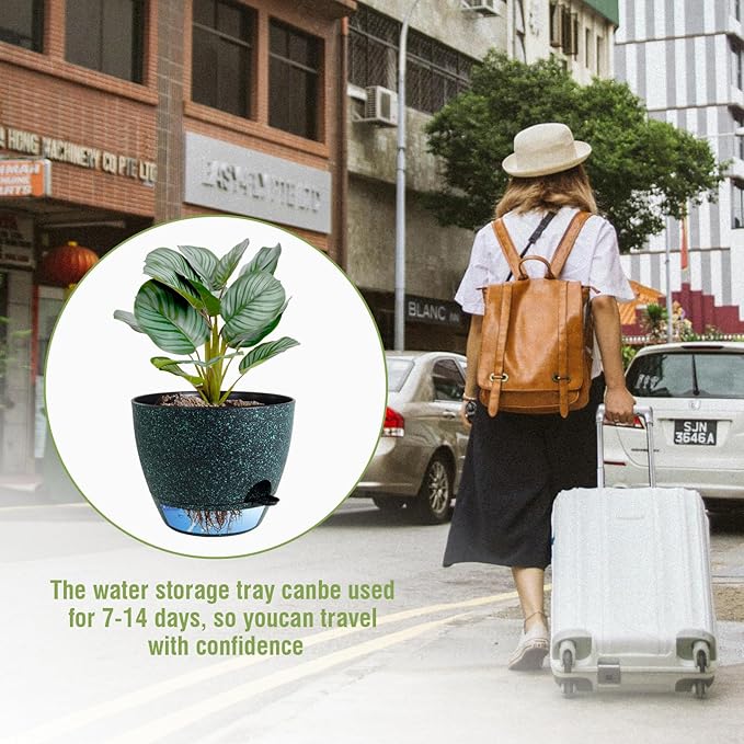 10 inch Self Watering Pots, Planter, Plant Pots with Mesh Drainage Holes for Indoor Outdoor House Plants and Garden, 2 Pack Plastic Flower Pots with Reservoir, Black with Green Speckles