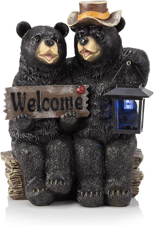 Alpine Corporation 15" Tall Outdoor Bear Couple with Lantern and Welcome Sign Statue with Solar LED Light Yard Art Decoration