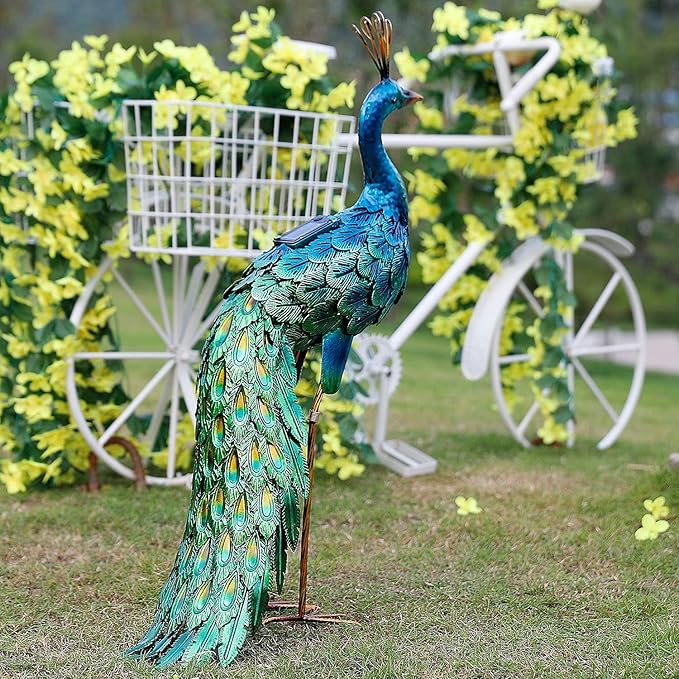 chisheen Outdoor Solar Peacock Statue Garden Decor for Outside Metal Yard Art Outdoor Decoration for Lawn Backyard Party Wedding Mother's Day Gardening Gifts for Women