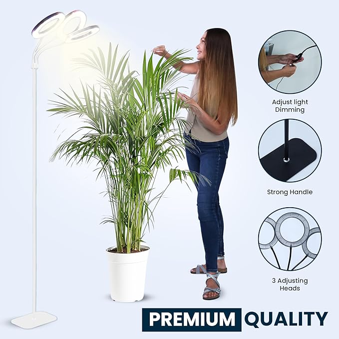 Hanging Grow Light for Indoor Plants with Warm Colors, Full Spectrum Plant Standing Lamp for Seeding Small and Large Plants with 3 Heads, Auto On/Off Timer and Adjustable Tripod Stand– 30 Watts