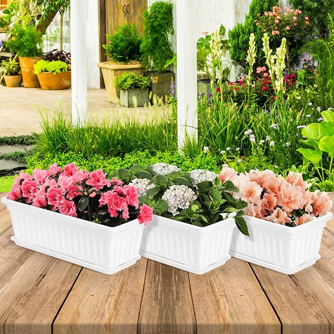 Fasmov 7 Pack 17 Inches White Flower Window Box Plastic Vegetable Planters with Trays Vegetables Growing Container Garden Flower Plant Pot for Balcony, Window Sill, Patio, Garden, White
