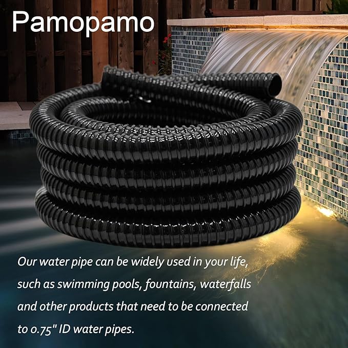 0.75 Inch Pond Tubing, 3/4" ID Corrugated Water Pipe, 20 Feet Length Flexible PVC Hose Pipe with Pipe Fittings, Aquarium, Pond Waterfall, Garden Pond Pump Drainage Tube Black