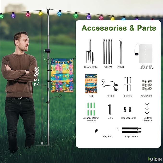 3-in-1 String Light Pole for Outside (2 Pack), Each Pack Includes 2 Hooks, 1 Solar LED Light Board & 1 Party Flag, Heavy Duty Stand for Deck, Patio, Backyard, Wedding