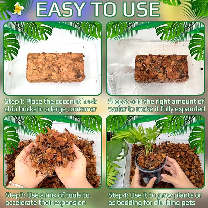 Halatool 4 Pcs Coconut Coir Chips for Plants - 4.4 LB 100% Organic Coco Husk Chip Bricks with Low EC and pH Balanced, Compressed Coco Substrate Growing Mulch Medium for Garden Herbs, Plants, Flowers