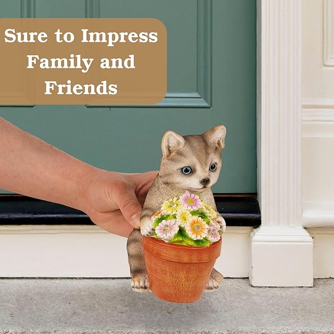 Muldale Cat Solar Light - Cat Garden Statue Outdoor - Solar Powered Cat Garden Decor for Outside - Hand Painted Floral Plant Pot Light Up Cat