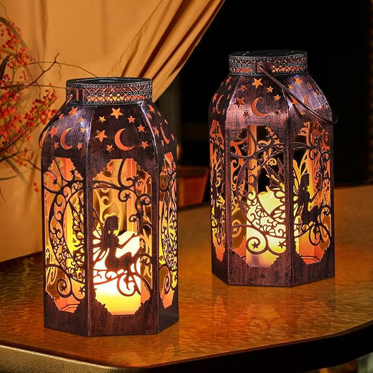 Solar Lanterns Outdoor Garden Hanging Lantern Waterproof LED Metal Bronze Moon Fairy Lantern Waterproof Flickering Flameless Candle Mission Lights for Table,Patio,Mother's Day Gift(2Pack)