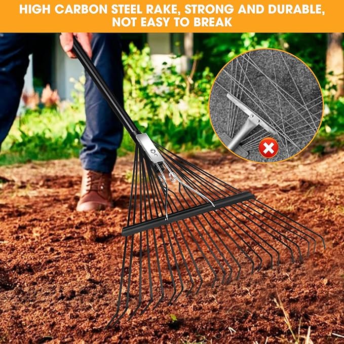 High-Carbon Steel Gardening Leaf Rake, Suitable for Raking Leaves and Lawn Tidying,Adjustable Split Long Handle33-67, 22tines 22.8" Wide,Garden rake and thatch rake Suitable for Adults