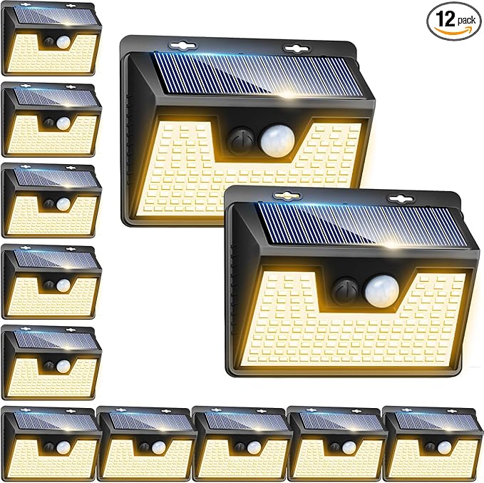 Peasur Solar Lights Outdoor Waterproof, 12Pack 140LED Motion Sensor Lights Solar Powered 3 Modes, Solar Security Fence Lights for Wall Garden Yard Outside(Warm White)