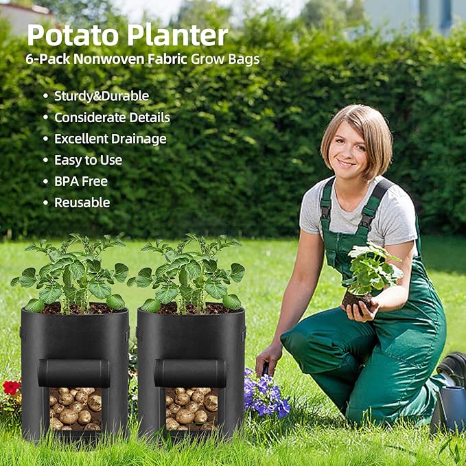 6 Pack Potato Grow Bags 10 Gallon with Flap and Handle, Planter Pots Thick Fabric Garden Containers for Tomato, Vegetable and Fruits