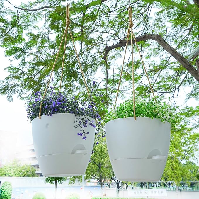 8 inch Hanging Planters, 2 Pack Self Watering Hanging Pots with 20oZ Deep Reservoir for Indoor Outdoor Plants Flowers, White