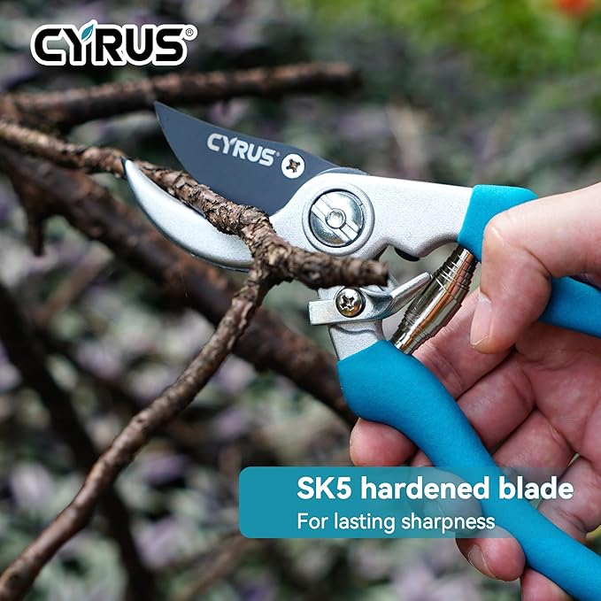 CYRUS Pruning Shears for Gardening 8" Pruners Trimming Scissors Non Stick Coating Blade with High Rebound Spring Effortless Pruning Scissors Widely Used for Gardening, Hydrology, Grow Tents
