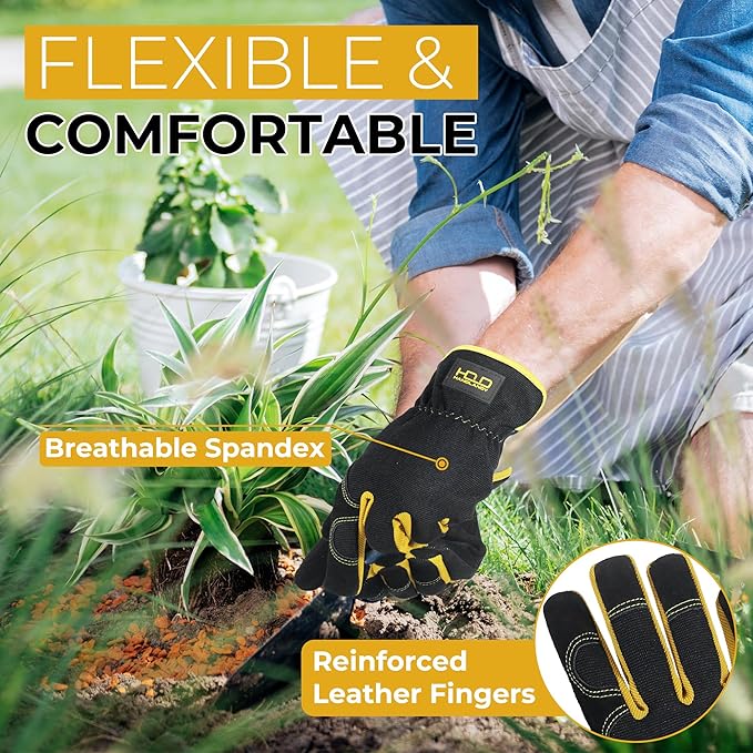HANDLANDY Men Leather Gardening Gloves, Utility Work Gloves for Mechanics, Construction, Driver, Dexterity Breathable Design