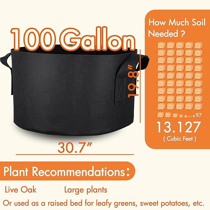 Gardzen 2-Pack 100 Gallon Grow Bags, Aeration Fabric Pots with Handles, Pot for Plants