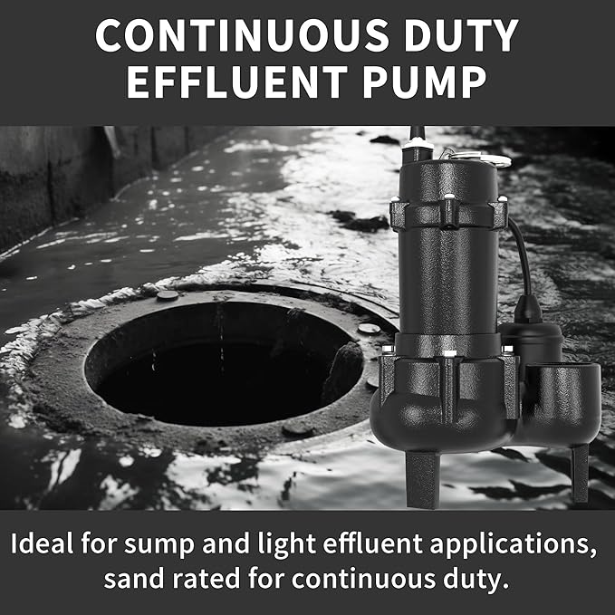 1HP Sewage/Effluent Pump Submersible, 115V 5600 GPH Cast Iron Pump with Automatic Tethered Float Switch, Sump Pump for Sump Basin, Basement, Residential Sewage, 2'' NPT Discharge