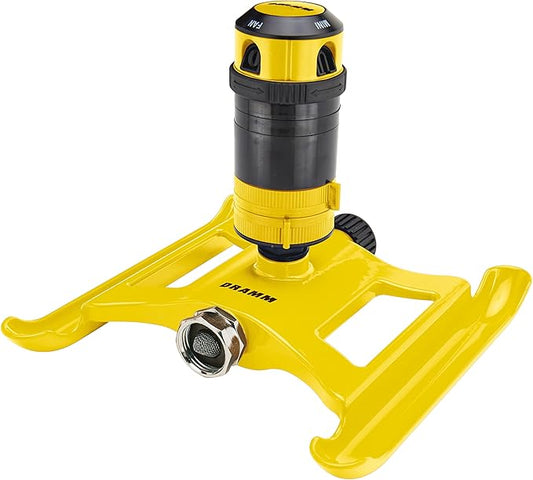 Dramm ColorStorm Gear Drive Sprinkler on Heavy Duty,Durable Metal Base, 4 Patterns, Ideal for Small, Medium & Large Areas with Pass Through Feature, Yellow, 40 Foot Diameter