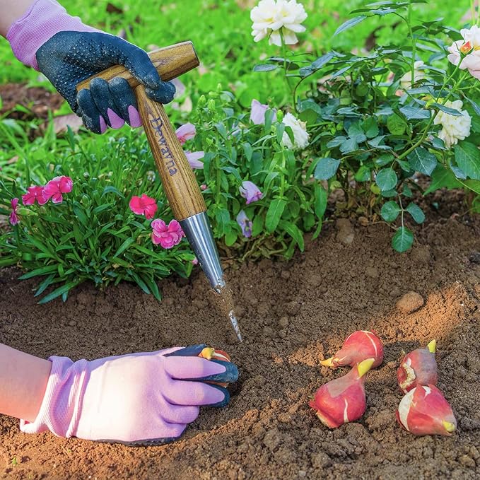 Dibber Garden Tool, Stamped Stainless Steel Tip Seed Dibber, Smooth Splinter-Free T-Shape Wood Handle Dibbler with Comfortable Grip, 11-Inch Dibber for Planting Seed and transplanting seedling