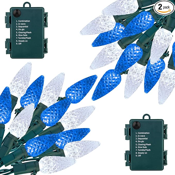 Brightown C6 LED Christmas String Lights - 2 Pack Each 20ft 60LED Battery Operated Strawberry String Lights with Timer and 8 Light Modes for Christmas Trees Wreaths, Indoor Xmas Decor, Blue and White