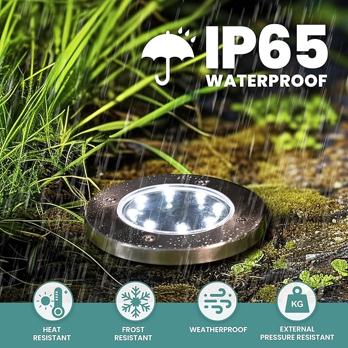 GIGALUMI 8 Pack Solar Ground Lights, 8 LED Solar Powered Disk Lights Outdoor Waterproof Garden Landscape Lighting for Yard Deck Lawn Patio Pathway Walkway (White)