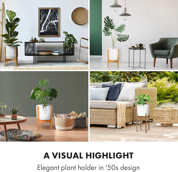 Fox & Fern Adjustable Tall Plant Stand Indoor — 8 to 12 Inch Mid Century Bamboo Plant Stand with Adjustable Width; Plug In Design; Easy to Assemble; Two Height Options - For 8, 9, 10, 11 & 12 In Pots