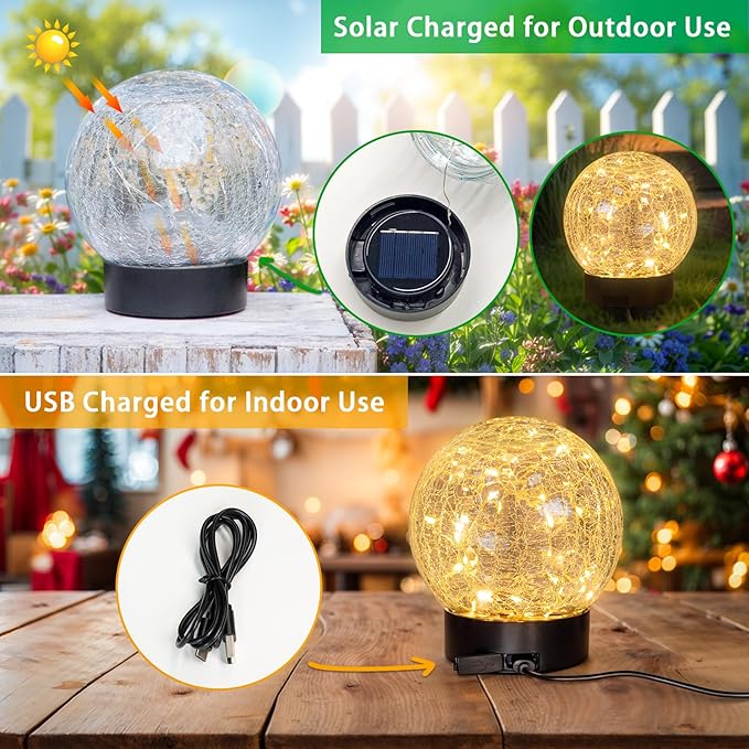 Beautyard Solar Globe Lights Outdoor USB Charged Garden Decor 3.94" Diameter 30LED 1000mAh Solar Globe Lights for Outdoor Indoor Mothers Day Gifts Holiday Decor(3.94'' Medium 4 Pack Warm White)
