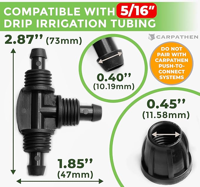 CARPATHEN 5pcs Barbed Tee Connector for 5/16 Irrigation Tubing (.42" OD x .30" ID) - Splitter 3 Way Lock T Connectors for Drip Irrigation System - Drip Irrigation Fittings