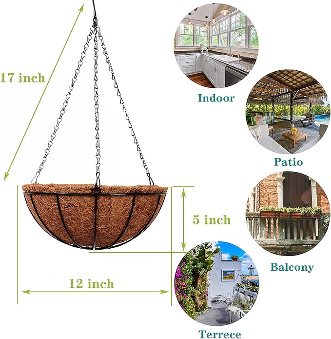 Hanging Baskets for Plants Outdoor(12 inch 4 Pack)- Coconut Coir Hanging Planters Outdoor,Metal Wire Baskets with Coco Liner, Hanging Pots for Plants Indoor, Hanging Flower Pots for Railings