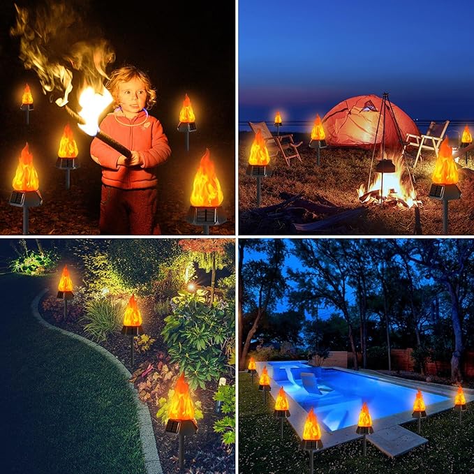 Toodour Solar Outdoor Torch Lights with Flickering Flame, Solar Pathway Decorative Lights, Waterproof LED Flame Torches for Outdoor Camping Garden Landscape Patio Path Yard Decorations - 8 Pack