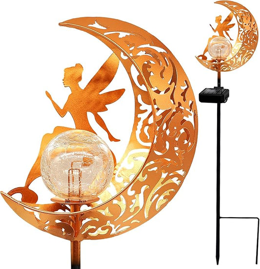 YJFWAL 2 Pack Garden Solar Lights Pathway Stake Lights Moon Fairy Glass Globe with Angel Decor, Outdoor Decorative Lights Waterproof for Walkway, Yard, Patio Decor(Warm White)