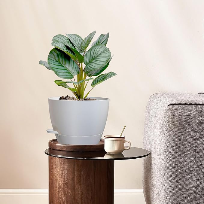 8 inch Self Watering Pots, Planter, Plant Pots with Mesh Drainage Holes for Indoor Outdoor House Plants and Garden, 2 Pack Plastic Flower Pots with Deep Reservoir for Patio Porch, White