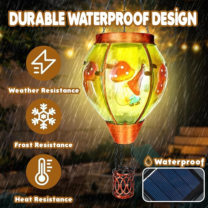 2 Pack Solar Hot Air Balloon Lantern with Flame，Mushroom Gnome Glass Solar Hanging Lanterns Outdoor for Outside Garden Patio Tree Porch Yard, Mushroom Gifts for Women Grandma Mom - Mushroom
