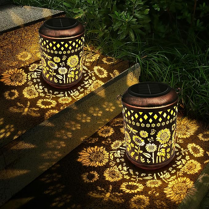 Kaixoxin 2 Pack Solar Garden Decor Metal Lantern Sunflower Table Lamp Bronze Outdoor Dercoration Great Gift for Women Mon Grandma Hanging Lights for Patio Courtyard Garden