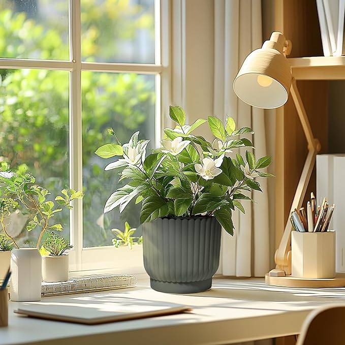 T4U 7 Inch Self Watering Pots for Indoor Plants, 4 Pack Gray Plastic Flower Pots for All House Plants, Flowers, African Violets