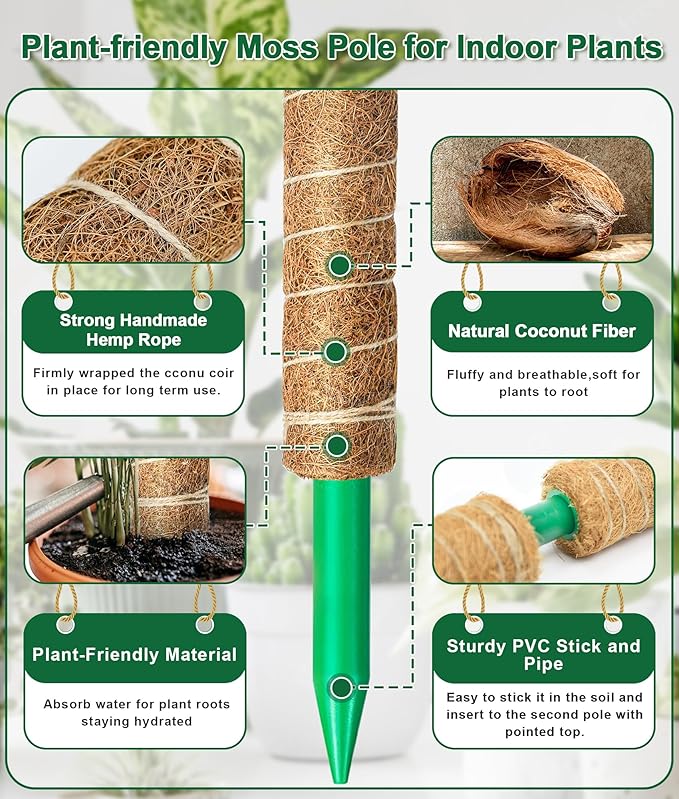 EAONE Moss Pole 126 Inch, 6 Pack 21" Monstera Plant Support for Climbing Potted Live Plants Indoor, Stackable Coco Coir Moss Sticks Monstera Stakes for Pothos Philodendron, with Garden Labels & Ties