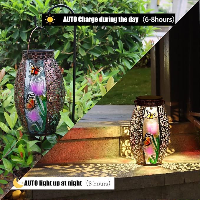 Outdoor Solar Lantern-Waterproof Butterfly Hanging Metal Decorative Lights for Patio Table Garden Pathway Yard with Super Bright Warm White LED, Large Solar Panels, Auto On/Off Light